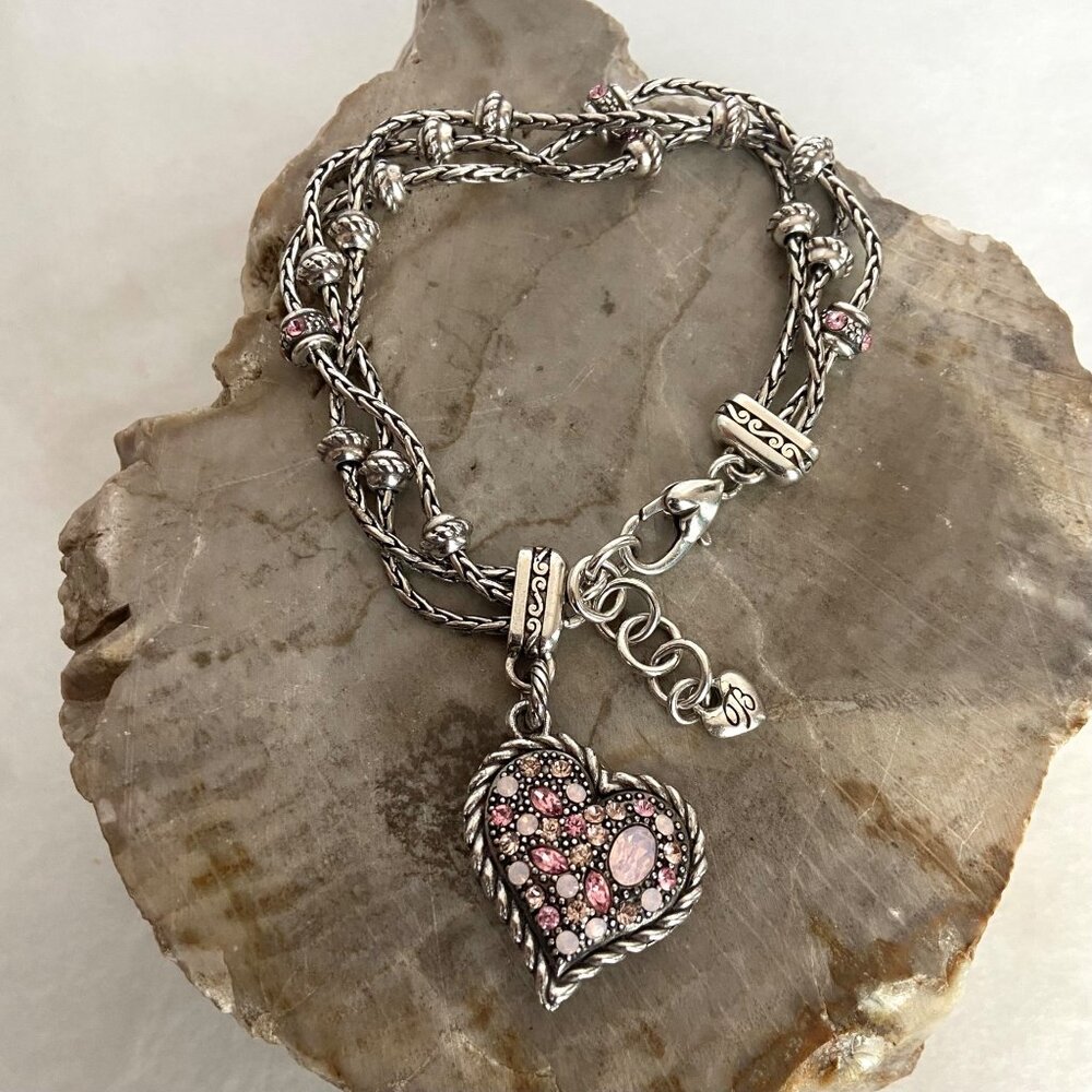 Brighton Power Of Pink Crystal Heart Charm 3 Strand Breast Cancer Bracelet